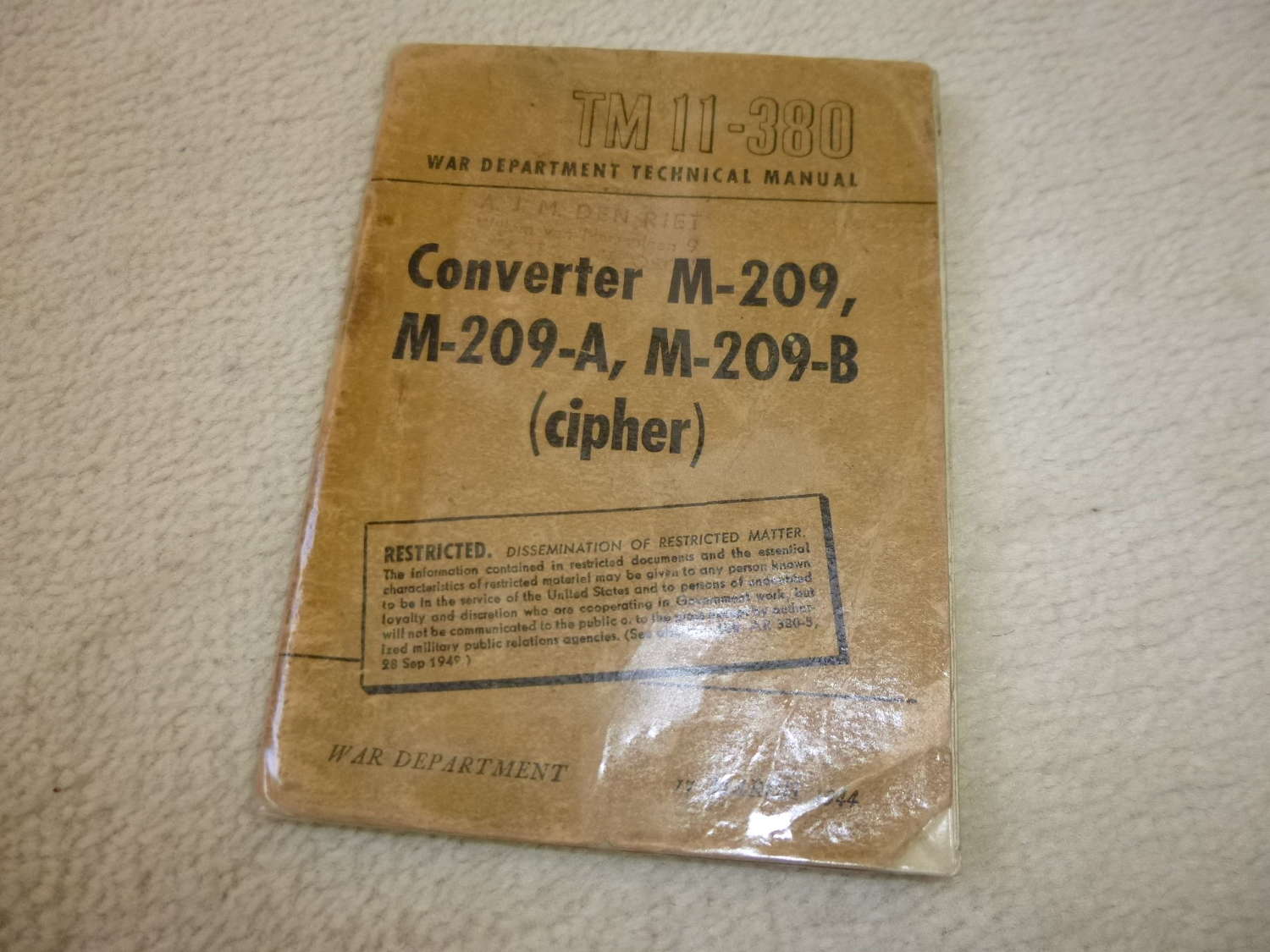 US Army TM11-380 Converter M-209 Cipher Manual